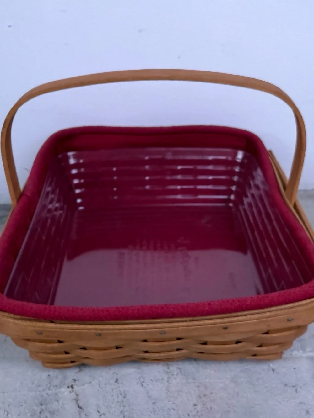 Vintage 2005 Longaberger Basket Red Liner Protector Single Handle Dresden Ohio